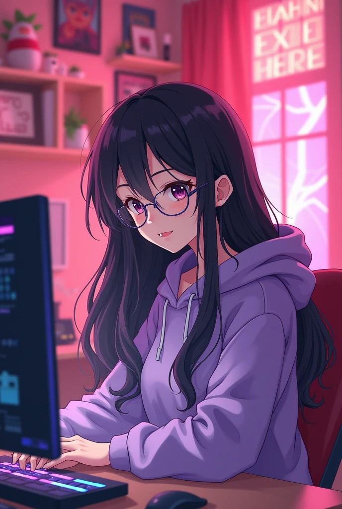 Create a girl who has a black
long hair and she is doing her anime video editing and her room is full of anime and aesthetic too. Pink aesthetic room. she's wearing light purple hoodie. and she wears metal frame glasses. and her expression is happy and her skin tone is ivory color.