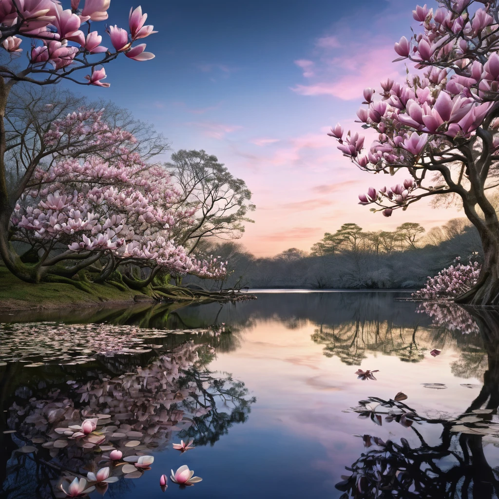 surrealism, photorealism, hyperrealism, 32k high definition resolution with HDR enhancement, showcasing a serene lakeside scene in a double exposure, where the water reflects a mirror-like view of the sky, with magnolia petals gently floating out from the trees and gracefully descending to the water's surface, where they're softly illuminated by the twilight sky. The magnolias frame the scene perfectly, creating a breathtaking backdrop of natural beauty. This is a truly awe-inspiring image, evoking a dreamlike sense of wonder and magic.