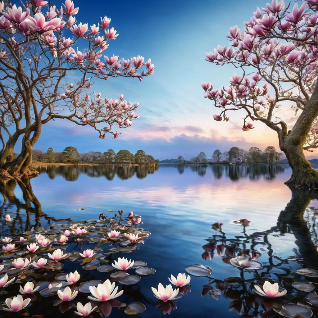 surrealism, photorealism, hyperrealism, 32k high definition resolution with HDR enhancement, showcasing a serene lakeside scene in a double exposure, where the water reflects a mirror-like view of the sky, with magnolia petals gently floating out from the trees and gracefully descending to the water's surface, where they're softly illuminated by the twilight sky. The magnolias frame the scene perfectly, creating a breathtaking backdrop of natural beauty. This is a truly awe-inspiring image, evoking a dreamlike sense of wonder and magic.