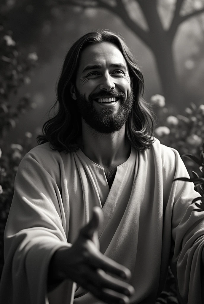 detailed portrait of jesus, smiling, loving gaze, arms open, black and white, garden with trees and flowers, chiaroscuro lighting, serene, peaceful, beautiful, high quality, detailed, realistic, photorealistic, cinematic, dramatic, masterpiece