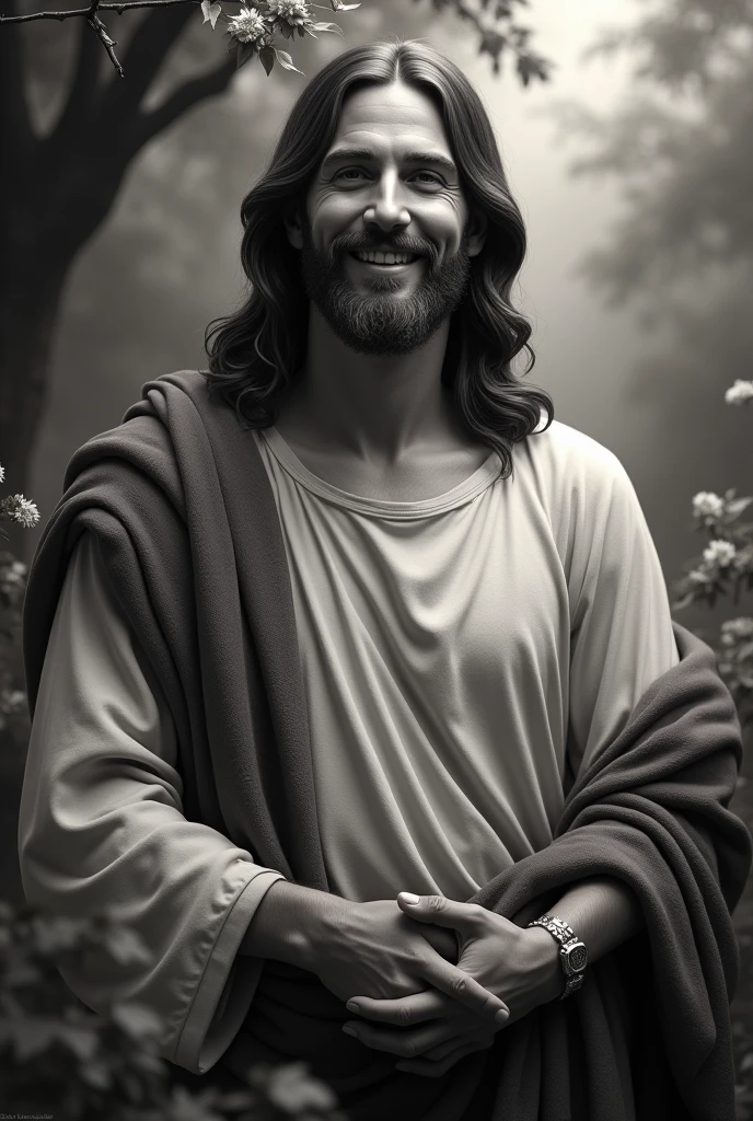detailed portrait of jesus, smiling, loving gaze, arms open, black and white, garden with trees and flowers, chiaroscuro lighting, serene, peaceful, beautiful, high quality, detailed, realistic, photorealistic, cinematic, dramatic, masterpiece