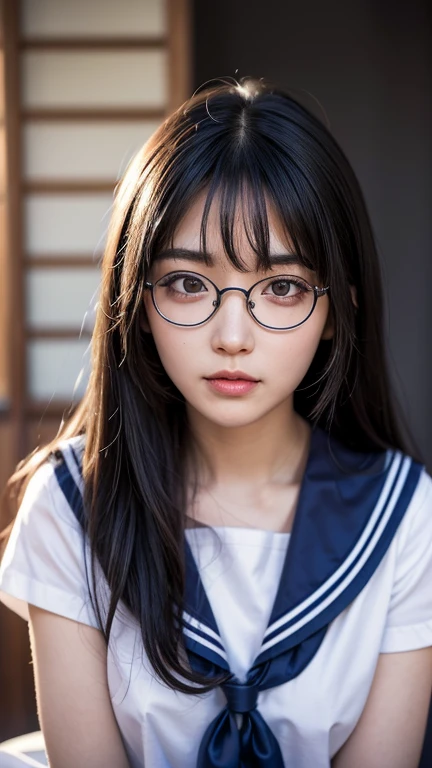 a kneeling japanese school girl with long black hair wearing a sailor uniform and glasses, cute girl , lovely look, detailed face and eyes, (best quality,4k,8k,highres,masterpiece:1.2),ultra-detailed,(realistic,photorealistic,photo-realistic:1.37),beautiful detailed eyes,beautiful detailed lips,extremely detailed eyes and face,longeyelashes,intricate,delicate,elegant,soft lighting,warm color tones,cinematic lighting,natural lighting,atmospheric