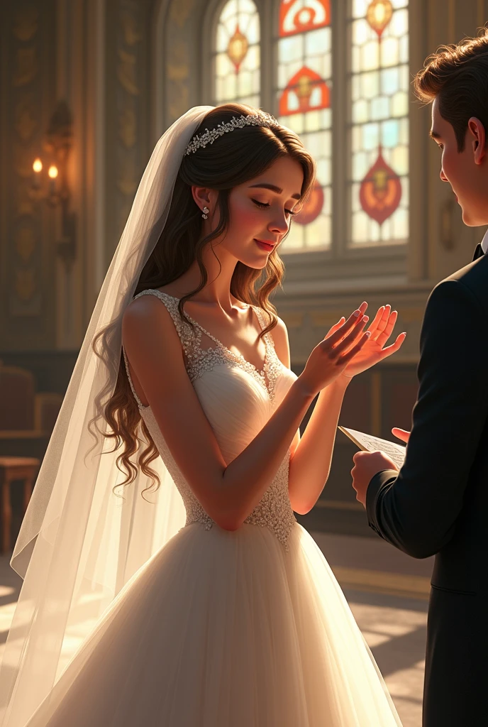  in a wedding gown standing in a church/cathedral as the background, with tears in her eyes, and a ring on her finger. A bride at the altar. shes wiping her tears but shes happy. showing her ring finger with relection