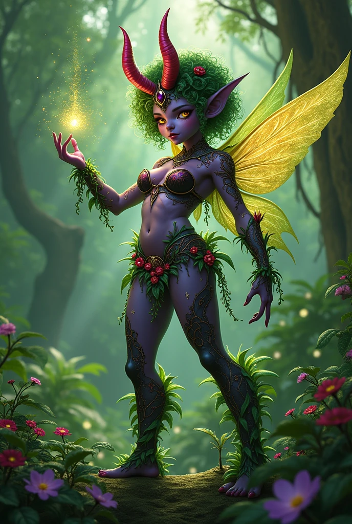 Prismatic coloration. Jungle like environment. A Short young Imp like Plant woman with a Deep purple skin tone lit up with heavy miniscule starlike freckles & a set of B-cup breasts, bearing curvaceous hips, Slender Legs, & a round but small ass. She has short leaf green curly hair stopping at the top of her neck with various flowers growing within. She is wearing a revealing Black & Purple Bikini like armor exposing much of her chest area with Golden celestial designs & an otherworldly Tiara on her head. She has a serious face & a stern gaze in her sharp Starlike Golden Glowing eyes with black sclera & a heavy freckled form. She has long sharp Glassy Blood-Red Demonic horns radiating Floral energy & a set of elegant Elven ears. She has long Ruby red vine like tattoos running all around her body accompanied by Crimson Star-like Tattoos running along them. She has a small cute deer like nose. She has large Crystal Golden Fairy-like wings with a starlike pattern. She is seen in a battle stance summoning verdant green Stardust magic from her fingertips.