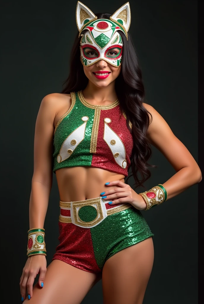 Create me a very original women's wrestling costume in sequins or glitter that is 2 pieces and has a design with Mexican shapes and the color of its flag and a mask with the colors of the Mexican wrestling flag that is also very creative with cat ears.