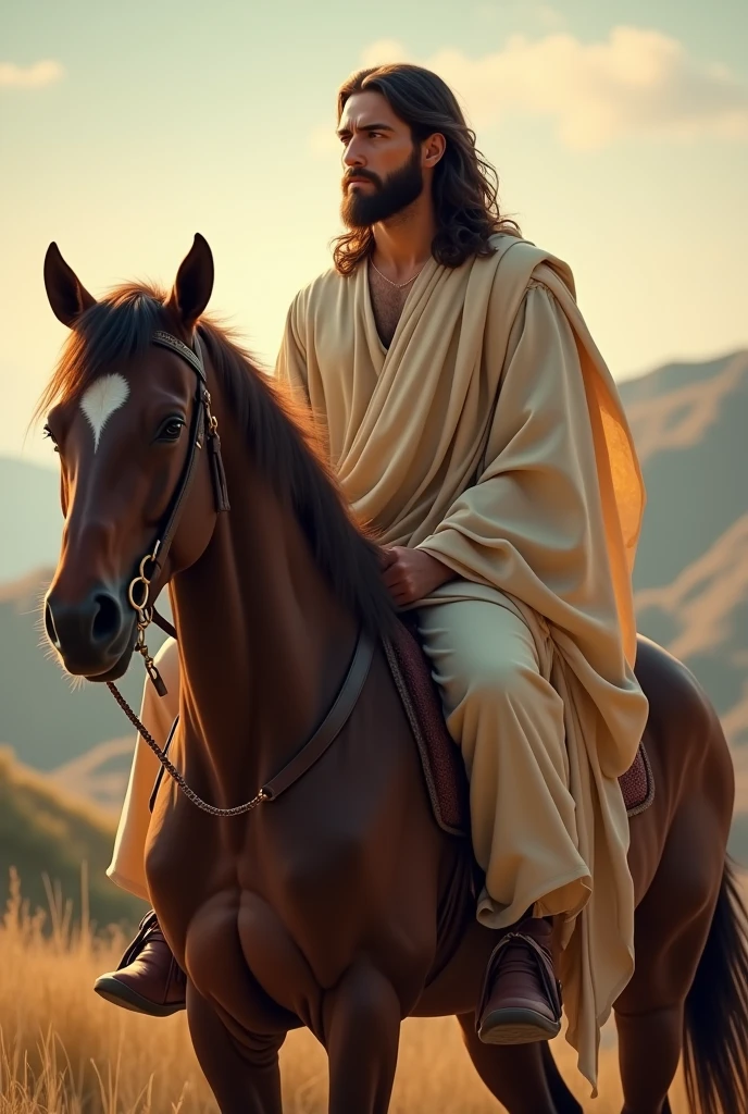 God. Jesus age 25 is with clean shave on horse