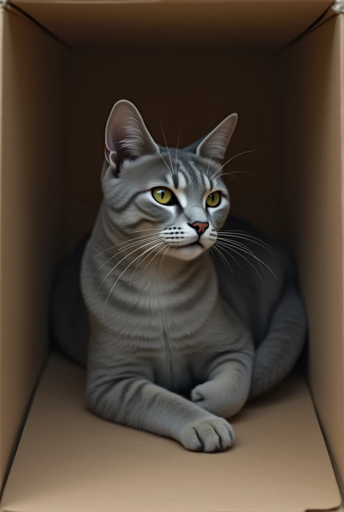 a gray cat with green eyes in a cardboard box