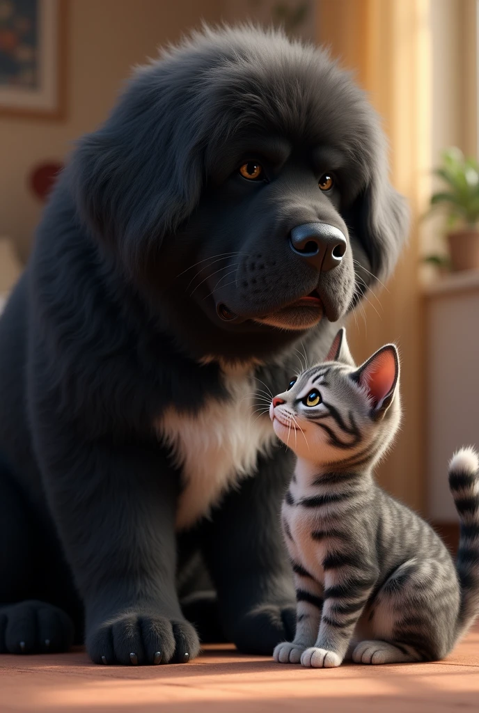 A Newfoundland dog with a large white spot on its chest and a gray tiger cat (the dog is the same size as the cat
