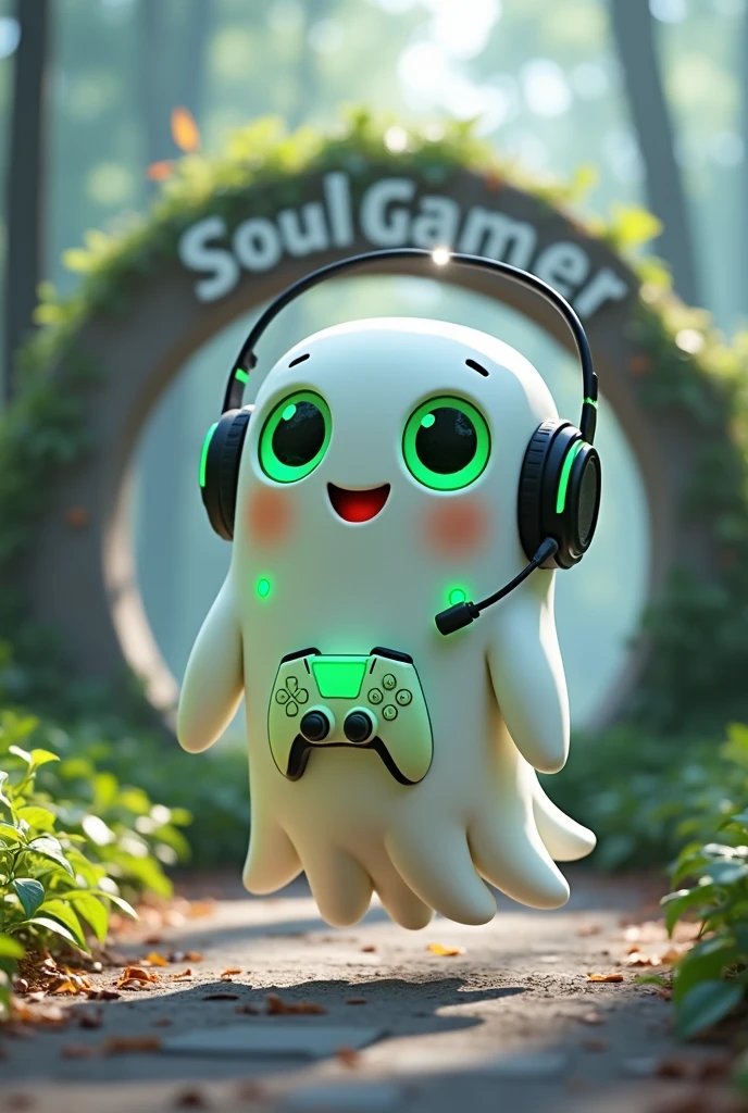 Create a Ghost-Looking Robot Pet. With slightly rounded shapes and well-defined limbs. His facial expression has large, green eyes with a glow, conveying a friendly and cheerful expression. He has a small open mouth with a happy smile and flushed cheeks.. Its body is white with small green details and a smooth, slightly shiny texture.. He has a headset on his head with an adjustable microphone positioned close to his mouth.. And on his chest you can see the shape of a Playstation 5 controller in fluorescent green.. It floats in the air, as if he were ready for an adventure. Behind the character you can see a portal and on it is written "Soul Gamer".