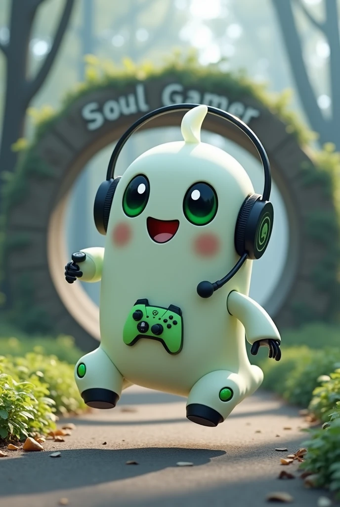 Create a Ghost-Looking Robot Pet. With slightly rounded shapes and well-defined limbs. His facial expression has large, green eyes with a glow, conveying a friendly and cheerful expression. He has a small open mouth with a happy smile and flushed cheeks.. Its body is white with small green details and a smooth, slightly shiny texture.. He has a headset on his head with an adjustable microphone positioned close to his mouth.. And on his chest you can see the shape of a Playstation 5 controller in fluorescent green.. It floats in the air, as if he were ready for an adventure. Behind the character you can see a portal and on it is written "Soul Gamer".