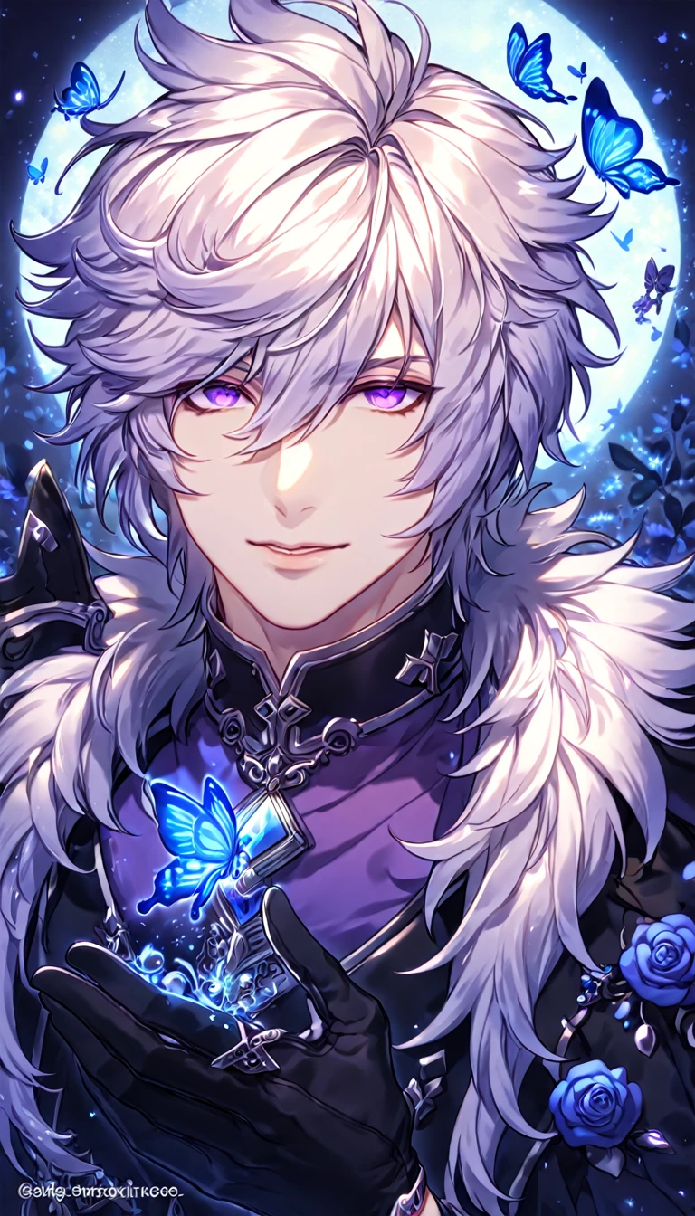 absurdres, highres, ultra detailed, HDR, master piece, best quality, extremely detailed, detailed face, Add, white hair, expressive purple eyes, Elsword, solo, sexy man, handsome, manly man, black coat with high fur collar, purple shirt, black vest, black gloves, magical, fantasy, under a blue tree, blue flames, blue moon, blue fireflies, blue roses, blue butterflies, glass magic