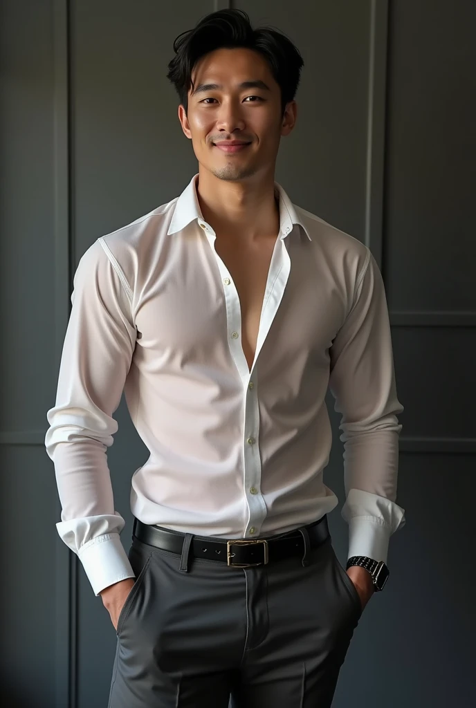 asian man(Korean,Vietnamese,chino,Japanese), 20 years, handsome and elegant,beardless, Wearing a transparent shirt, sexy , masculine and handsome,muscular,The muscles look good,hairy bodies, with light skin,, Full body photo,(ultra detailed, photorealistic, Best Quality, 4k, 8k, High resolution, masterpiece:1.3), charming , (cuerpo muscular), He was wearing a shiny, fitted dress shirt., with the top button casually unbuttoned, perfectly fitted charcoal pants, sweat, unbutton shirt buttons, Lewd face ,Chest tightness, sex, Erotic, horny, Accessories include a luxury wristwatch. , in crowded places,looking at the viewer,muscle veins, sexy posing,thrown on the floor,Top view,Wet t-shirt reveals muscles,without underwear,lascivious smile