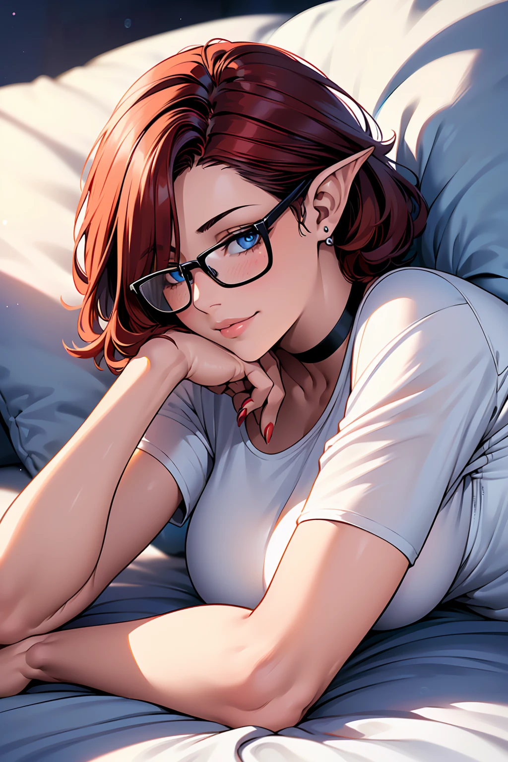 1girl, beautiful elf woman, ((Short Red Hair, Straight, has shine)) Blue eyes, double eyelids, light effect on eyes, detailed irises, beautiful curvy body, glasses, ((Loose White Tee Shirt, Opaque: 1.5)), black choker, ((Black lace panties)), Bare feet, ((Work of art, hyper-realistic, hyper detailed, Best Quality, 16k, light and shadow on skin, vivid colors)), ((laying down in bed on stomach asleep eyes half open watching viewer sleep: 1.5)), ((Hand behind head: 1.5, Hand resting on stomach: 1.5)) Lustful Expression, perfect lips, sexy mature face, lots of freckles all over body, full pouty lips, extreme blush, sensual smile, ((Night)), moonlit sky, Flirting with viewer, Flirty Lewd Smile, ((Large Breasts: 1.0)) ((Full Side View))