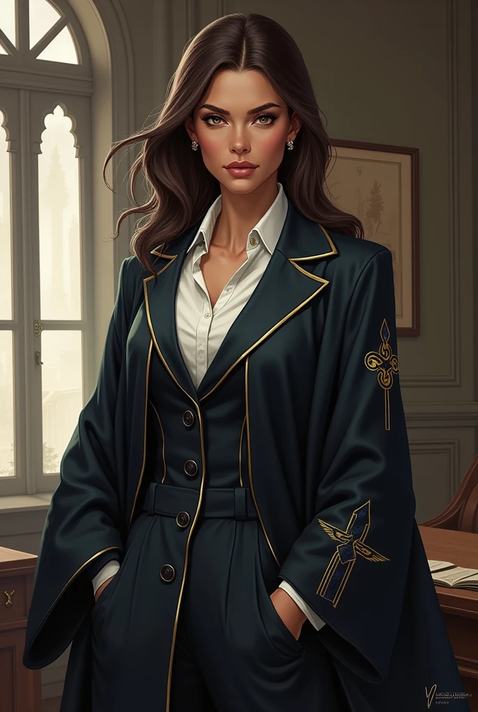 Create a detailed illustration of Halia Thornton, the ambitious and calculating leader of the Rockseeker Guild in the fantasy setting of Fandalin. Halia should be depicted as a strong and authoritative woman in her early 40s. She has a commanding presence, with sharp, intelligent eyes and an elegant yet practical outfit suitable for a powerful guild leader. Her attire should include elements that hint at her dual role as a businesswoman and an agent of the Zhentarim, such as a stylish, high-quality robe with subtle, dark symbols. The background should reflect a sophisticated office or guild hall, emphasizing her influence and the power she seeks to wield over Fandalin. Halia’s demeanor should convey both her ambition and her strategic mind, making her an intriguing and formidable figure.