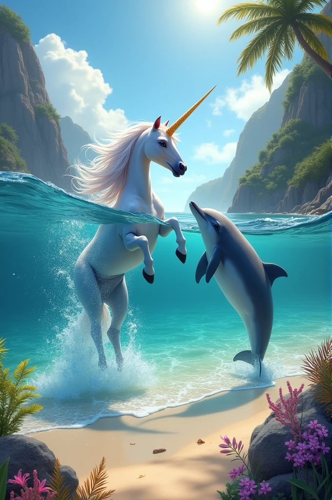 A unicorn turns into a dolphin and they are on the beach diving