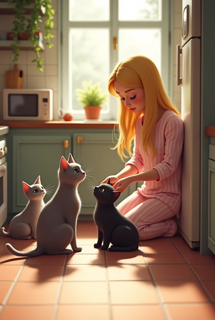 Morning in the kitchen, 3 British cats, 2 grey and one black, 2 of them slim and one gray fat, These are fed by a blonde woman “in pajamas, all this on a tiled floor