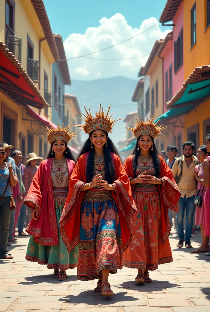 Create a group of tourists who follow three young ladies dressed as ñusta with the traditional clothing of Peru. The image that reflects them on the street playing, eating and having fun with the Inca culture should highlight their happiness and how happy we are., 
