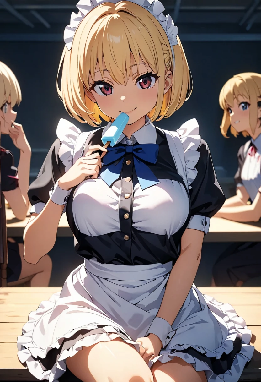 (Highest quality:1.2, 4K, 8k, Studio Anime, Very detailed, up to date, Vibrant, Attention to detail, High Contrast, masterpiece:1.2, Highest quality, Best aesthetics), (((1 person))), Sitting, maid, maid服, Blue Ribbon, Frills, Lick:1.2, smile, Popsicles, 舌を出してLick, Cute people, Get closer, Friendly atmosphere, Fun and youthful々Shii々Cool vibe, Accuracy and concentration, Striking contrast,  (Perfect hands, Perfect Anatomy), I'm smiling at you、Blonde、Nishikigi Sensoku、