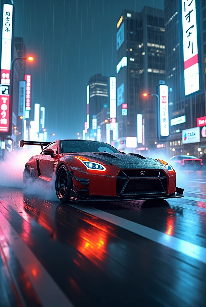 Tokyo city, car drifting, raining