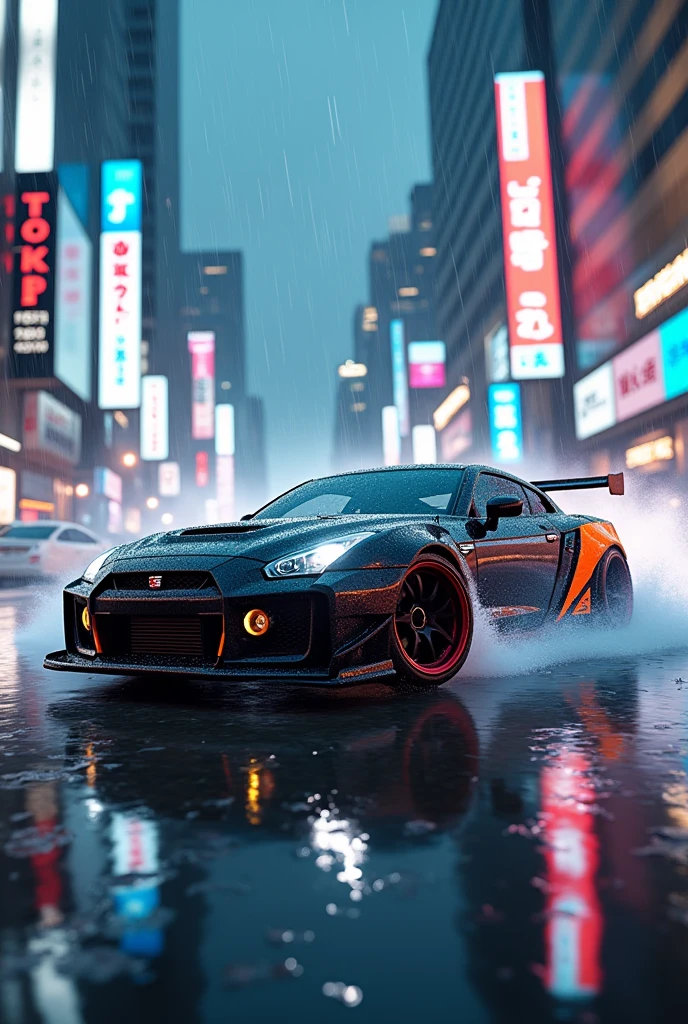 Tokyo city, car drifting, raining