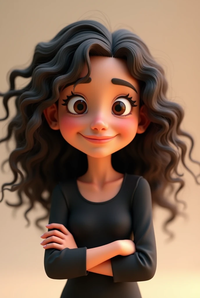 Cartoon girl 3D, disney pixar style, curly hair, long hair, black blouse, crossed arms
