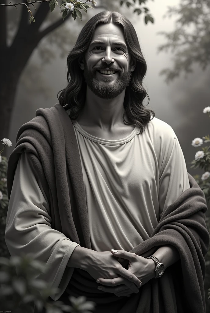 detailed portrait of jesus, smiling, loving gaze, arms open, black and white, garden with trees and flowers, chiaroscuro lighting, serene, peaceful, beautiful, high quality, detailed, realistic, photorealistic, cinematic, dramatic, masterpiece