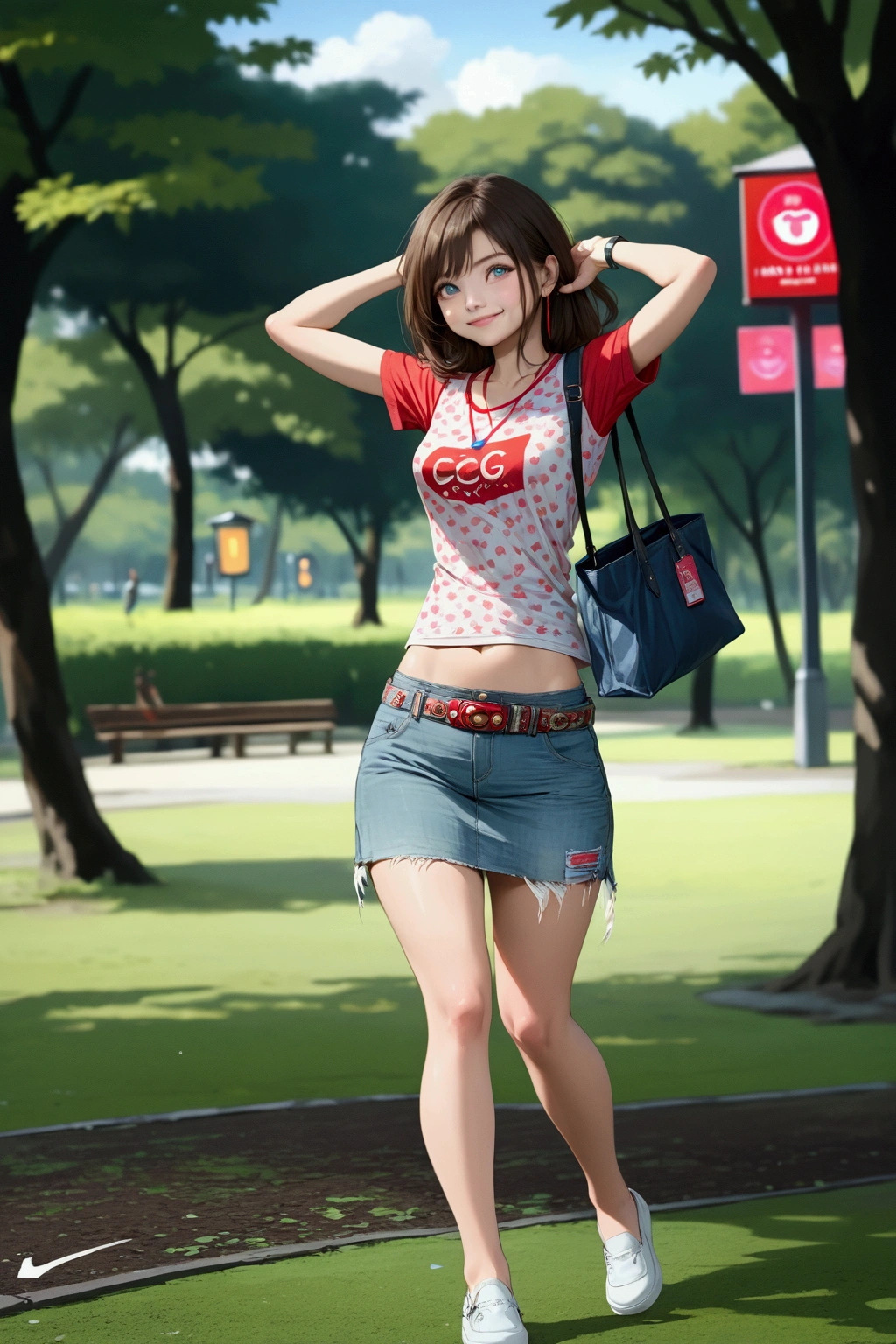 realistic anime illustration of pretty smiling young woman is posing for taking photograph at park, raising her arm, carrying bag, wearing short sleeve shirt, t-shirt, denim pencil mini skirt with belt, (1girl, solo, full body), (masterpiece, best quality, japanese anime style), (expressive eyes, perfect face)