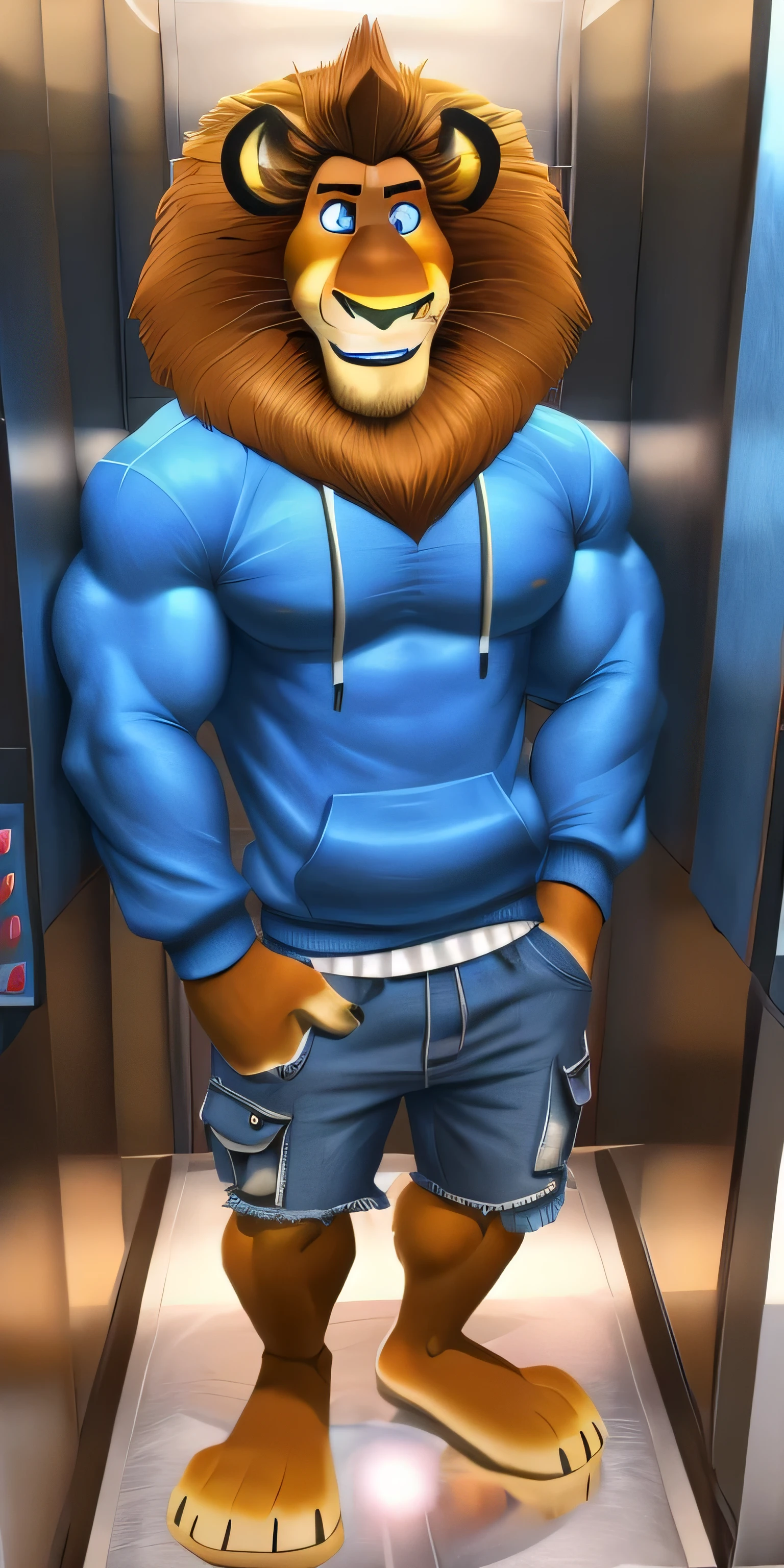 Alex the Lion, muscular body, big biceps, extremely beautiful and cute face, perfectly detailed blue eyes with perfectly detailed pupils, wears blue sweatshirt, denim cargo shorts, bare feet, elevator background, selfie, friendly look, smiling