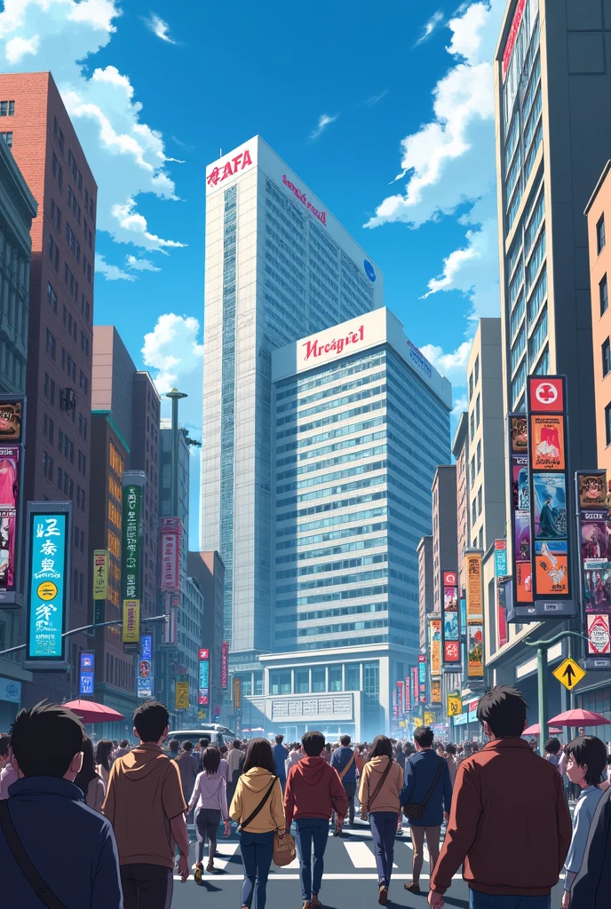 An anime style 4k wallpaper of new york city, consist of crowd on the road, a hospital and Big mall in the city traffic signals, advertisement hoardings, vehicles and people,hd quality, enhanced wallpaper