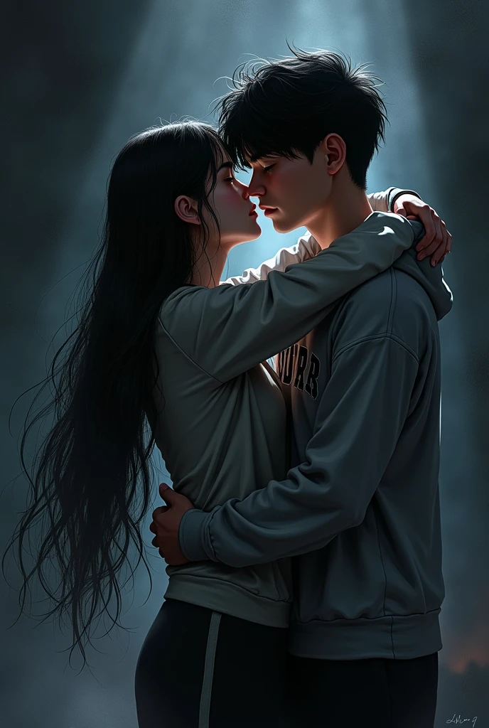 Girl with long hair down to her waist wearing a sweatshirt, kissing the baseball team captain, Cao Cao, stark, dark and with short hair.
