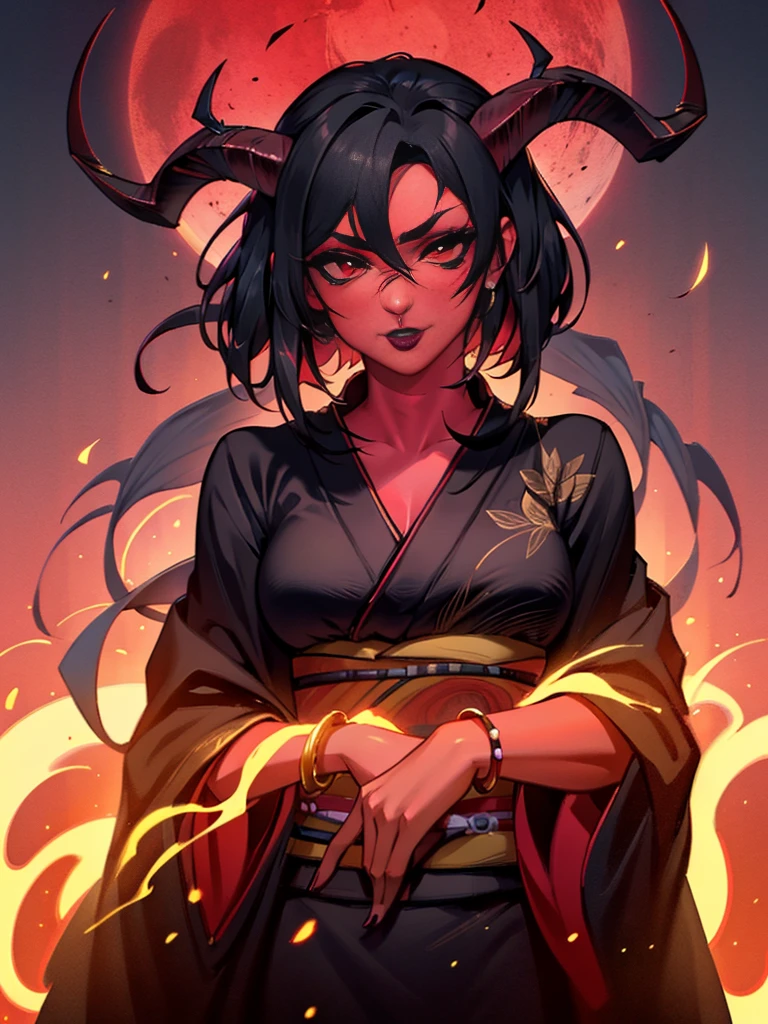 (colorful:1.3),(masterpiece:1.2), best quality, original, extremely detailed wallpaper, looking at viewer, (1girl, red skin, dark red skin, crimson skin, red eyes, black hair,long black hair, long straight black horns, demon horns, make-up, mascara, black lipstick, red eyes), (natural breasts, medium breasts, fully clothed, black long robe, black kimono), highly detailed, face focused, detailed face, ((red skin)), extremely detailed, red eyes, electric, red moon, Rays of Shimmering Light, Cinematic Lighting, Matte, Stone, Milky Quartz, Opalite, Jewelry, Silk, Feathers, fire splash, steam, fire, flames, sparks,  lensflare, rim lighting, backlighting, Bracelet, Chromatic Aberration, RTX, Post Processing