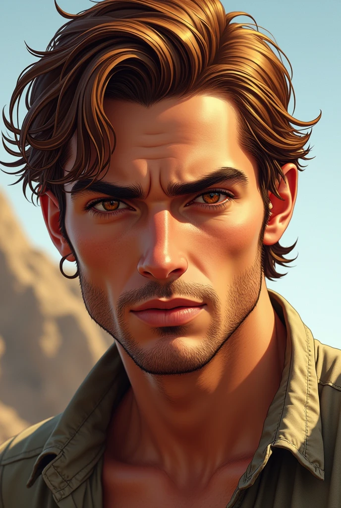 Create a hyper-realistic illustration of a young man, skin tanned, jaw and marked features, eyes browns, AND MEDIUM LONG HAIR, well combed back and coppery brown color