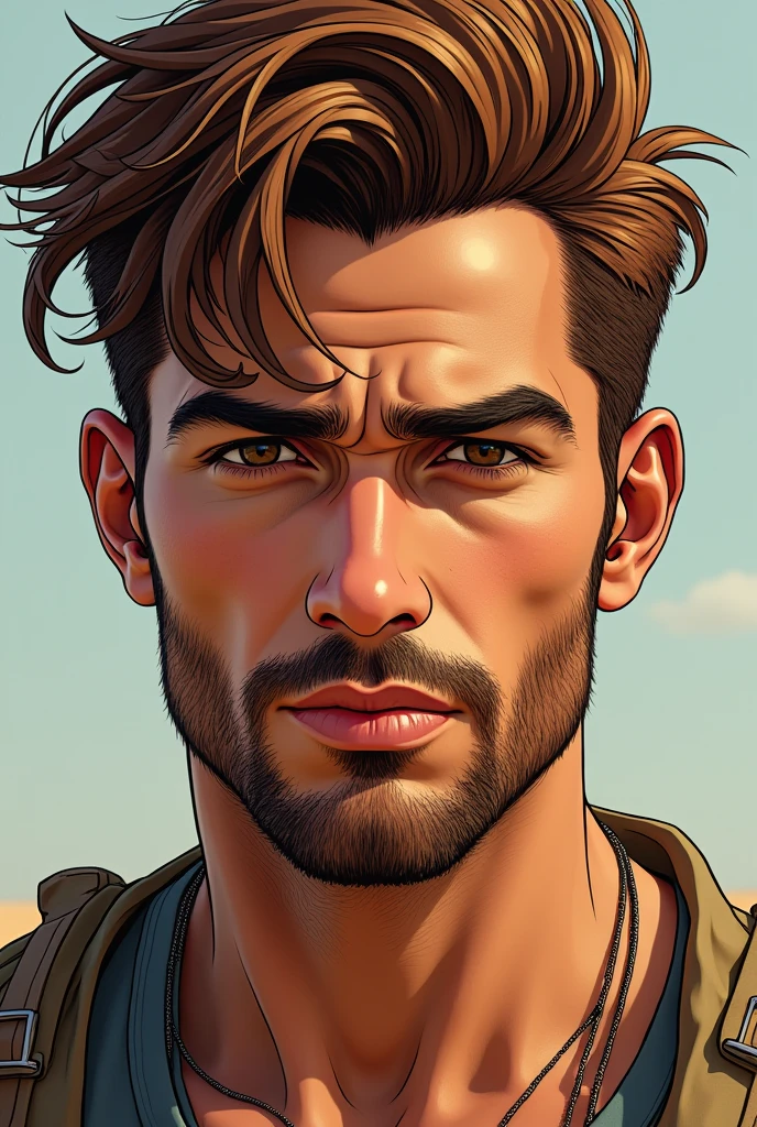 Create a hyper-realistic illustration of a young man, skin tanned, jaw and marked features, eyes browns, AND MEDIUM LONG HAIR, well combed back and coppery brown color