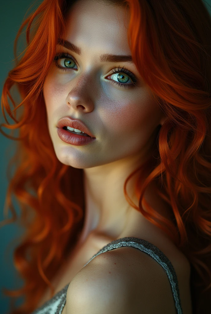 A woman with beautiful detailed green eyes, beautiful detailed lips, long red curly hair, delicate mole on one cheek, adorable dimples, elegant beauty, cinematic lighting, high quality, hyper detailed, photorealistic, 8k, masterpiece, fantasy art, vibrant colors, dramatic lighting, chiaroscuro