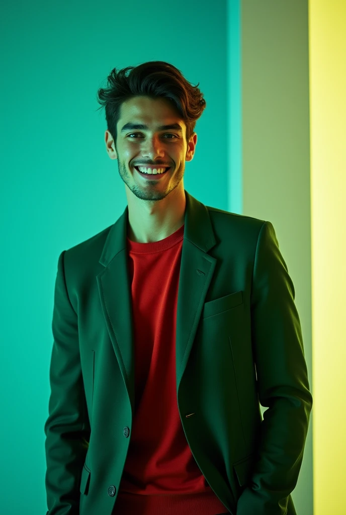 A young man with dark hair and a confident smile. He is dressed in a green blazer over a red shirt.The man is positioned Against Aqua colour backdrop with a subtle yellow lighting on the back side. And he posting for stylish