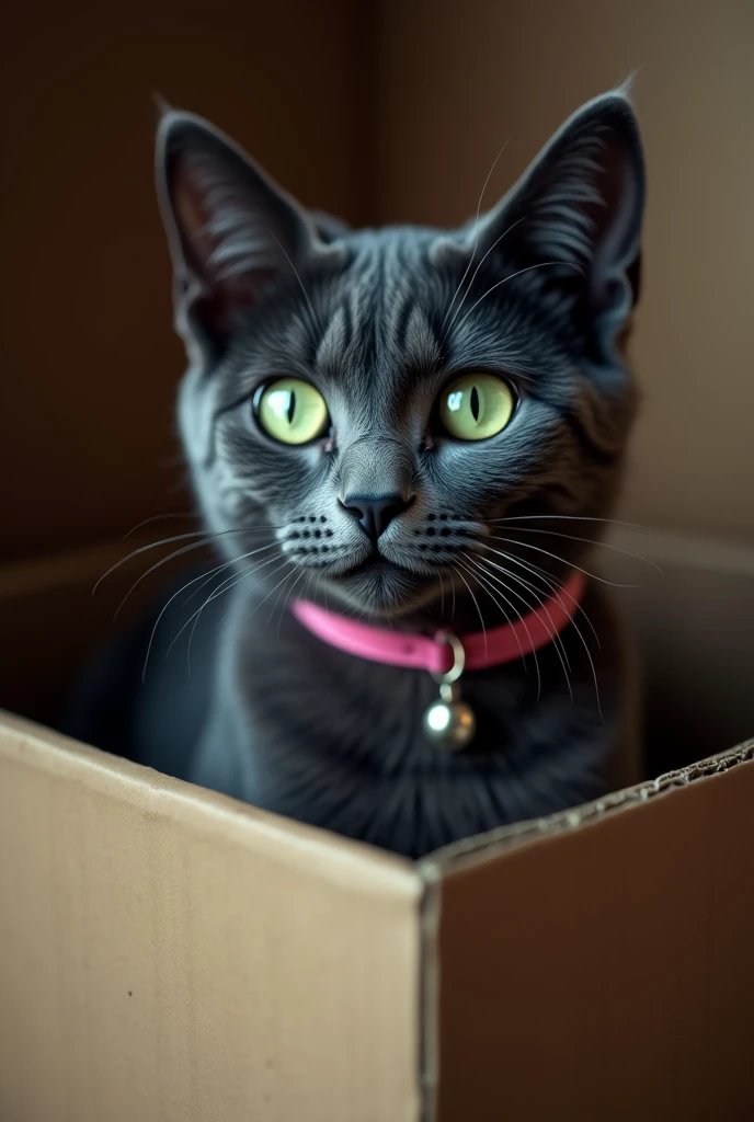 a dark gray cat with green eyes in a cardboard box with a pink collar