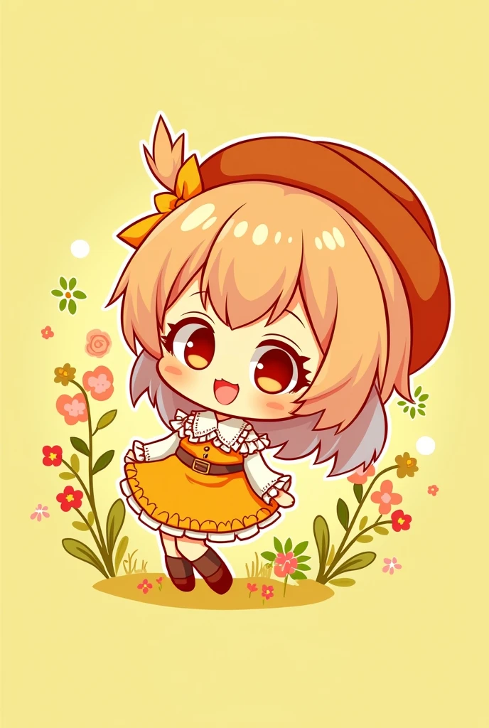 Create a digital chibi drawing of an anime girl with a distinctly hand-drawn digital style. She should have a cute and exaggerated appearance with a large, round face, big, expressive eyes, and a joyful smile. Her hair should be styled in a playful, voluminous way with bright colors like soft peach or pastel lavender, and include hand-drawn highlights and shadows. Dress her in a simple yet charming outfit, such as a cute dress with floral patterns or a stylish skirt and top combination, paired with minimal, colorful accessories like a small hat or a ribbon.For the background, design a beautiful, digital scene featuring lush, detailed plants and flowers, like a vibrant garden or a whimsical forest with softly colored foliage and delicate blossoms. The background should enhance the chibi character, using harmonious colors and a clean, polished digital effect. Ensure the drawing has a clear, hand-drawn digital look with crisp lines and vivid colors, making it obvious that it is a carefully crafted digital artwork and not created by AI.