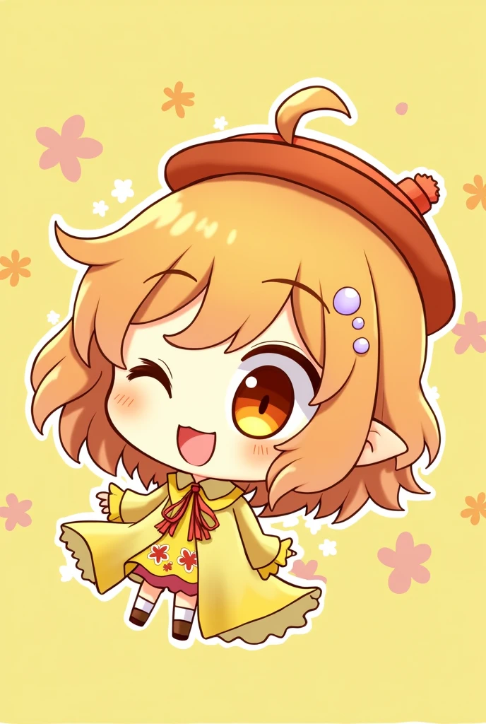 Create a digital chibi drawing of an anime girl with a distinctly hand-drawn digital style. She should have a cute and exaggerated appearance with a large, round face, big, expressive eyes, and a joyful smile. Her hair should be styled in a playful, voluminous way with bright colors like soft peach or pastel lavender, and include hand-drawn highlights and shadows. Dress her in a simple yet charming outfit, such as a cute dress with floral patterns or a stylish skirt and top combination, paired with minimal, colorful accessories like a small hat or a ribbon.For the background, design a beautiful, digital scene featuring lush, detailed plants and flowers, like a vibrant garden or a whimsical forest with softly colored foliage and delicate blossoms. The background should enhance the chibi character, using harmonious colors and a clean, polished digital effect. Ensure the drawing has a clear, hand-drawn digital look with crisp lines and vivid colors, making it obvious that it is a carefully crafted digital artwork and not created by AI.