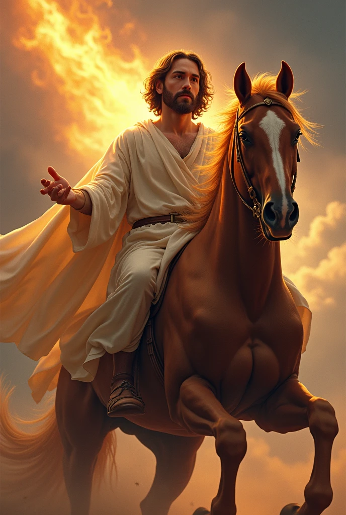  God. Jesus age 25  is  with clean shave on riding with fire eye's horse 
