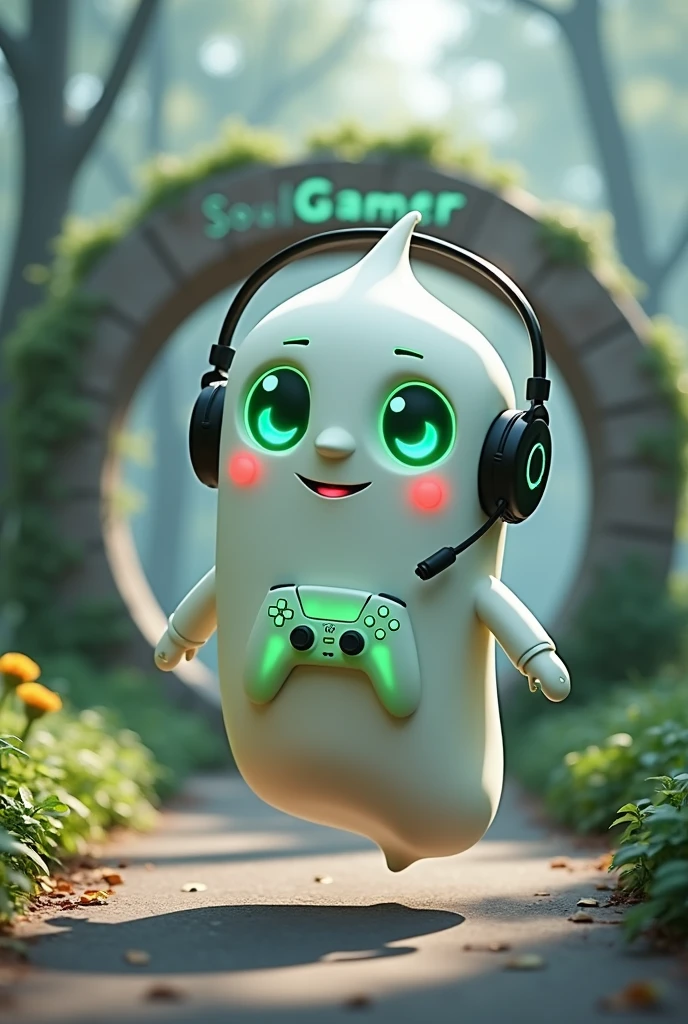Create a Ghost-Looking Robot Pet. With slightly rounded shapes and well-defined limbs. His facial expression has large, green eyes with a glow, conveying a friendly and cheerful expression. He has a small open mouth with a happy smile and flushed cheeks.. Its body is white with small green details and a smooth, slightly shiny texture.. He has a headset on his head with an adjustable microphone positioned close to his mouth.. And on his chest you can see the mold of a Playstation 5 controller in fluorescent green. It floats in the air, as if he were ready for an adventure. Behind the character you can see a portal and on it is written "Soul Gamer".