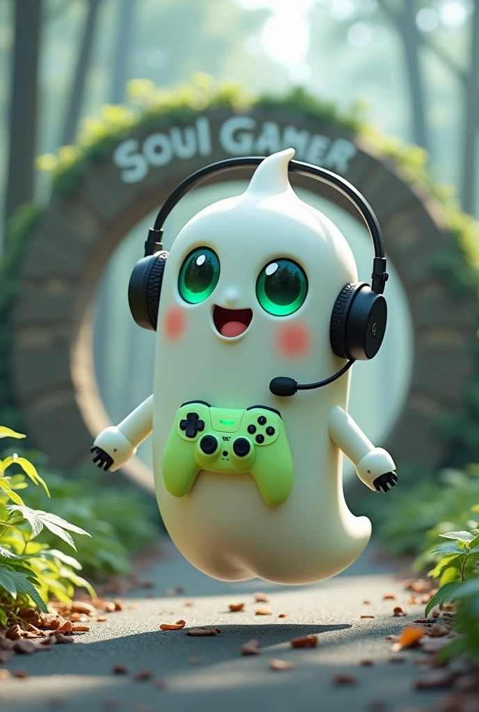 Create a Ghost-Looking Robot Pet. With slightly rounded shapes and well-defined limbs. His facial expression has large, green eyes with a glow, conveying a friendly and cheerful expression. He has a small open mouth with a happy smile and flushed cheeks.. Its body is white with small green details and a smooth, slightly shiny texture.. He has a headset on his head with an adjustable microphone positioned close to his mouth.. And on his chest you can see the mold of a Playstation 5 controller in fluorescent green. It floats in the air, as if he were ready for an adventure. Behind the character you can see a portal and on it is written "Soul Gamer".