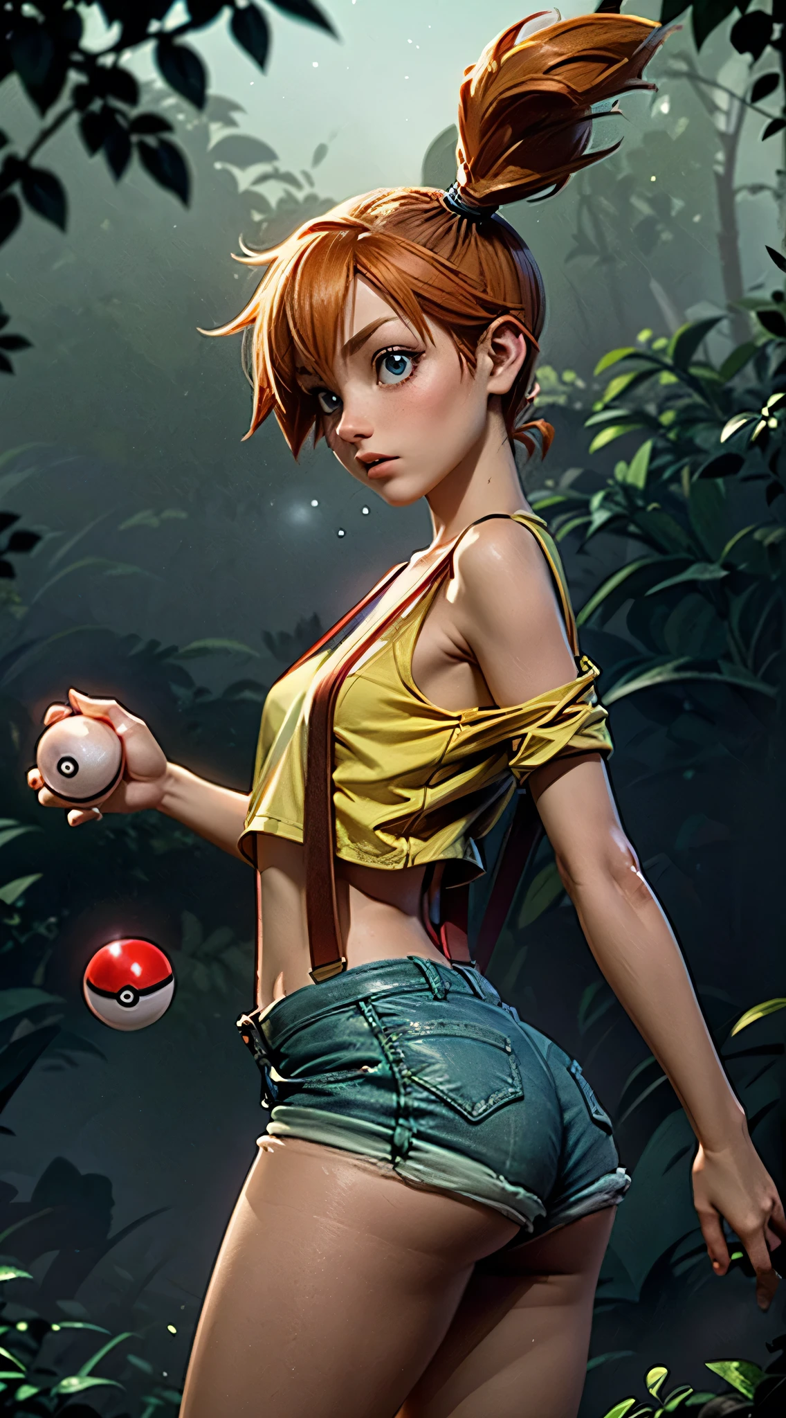 ((Misty)), (best qualityer), (great lighting), (Masterpiece artwork), (upper details), (whole body), (fully body),1 beautiful girl, (short orange hair tied to the side), blue colored eyes, (body skinny), breasts small, big-ass, small yellow shirt, (shirt too small), (part of the breasts on display), (red suspenders falling over the shoulder), very short denim shorts, (part of the butt visible), (scared, throwing a pokeball), forest background, (fine strokes), cinematic, 