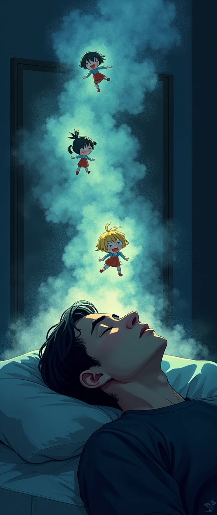 A tired looking man is lying in the dark room with his eyes closed and in his imaginary world, with a bright mist over his head and in the mist many chibi anime characters smile and play happily