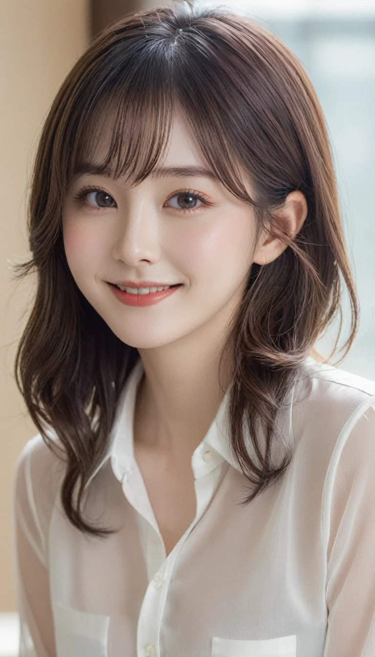 Tabletop, Highest quality, shape, Very detailed, finely, High resolution, 8k wallpaper, 完璧なダイナミックな構shape, finelyて美しい目,Jellyfish hair,Natural color lip, smile,2、cute、Looking into the camera、F Cup、Brown Hair、Sheer shirt