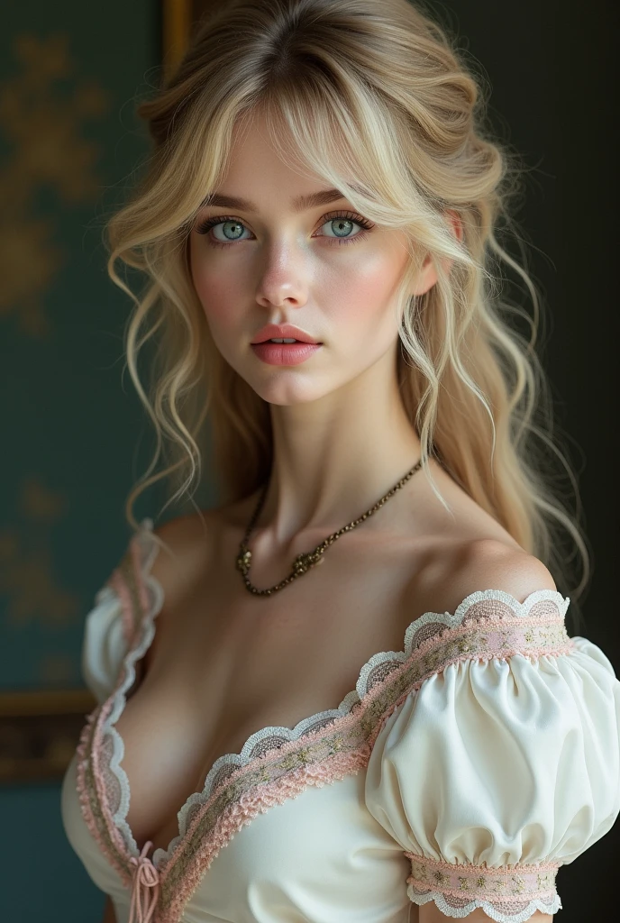 Victorian era woman with long thick wavy honey blonde whitish hair, Cute bangs, sky blue eyes, pale skin, lower lips larger than the upper, slightly pink, oval face, thin chin and pointed,
Trumpet cut long white dress, from the Regency era, in fine silk, pink lace, embroidery golden, thin bronze chain on the hip,
