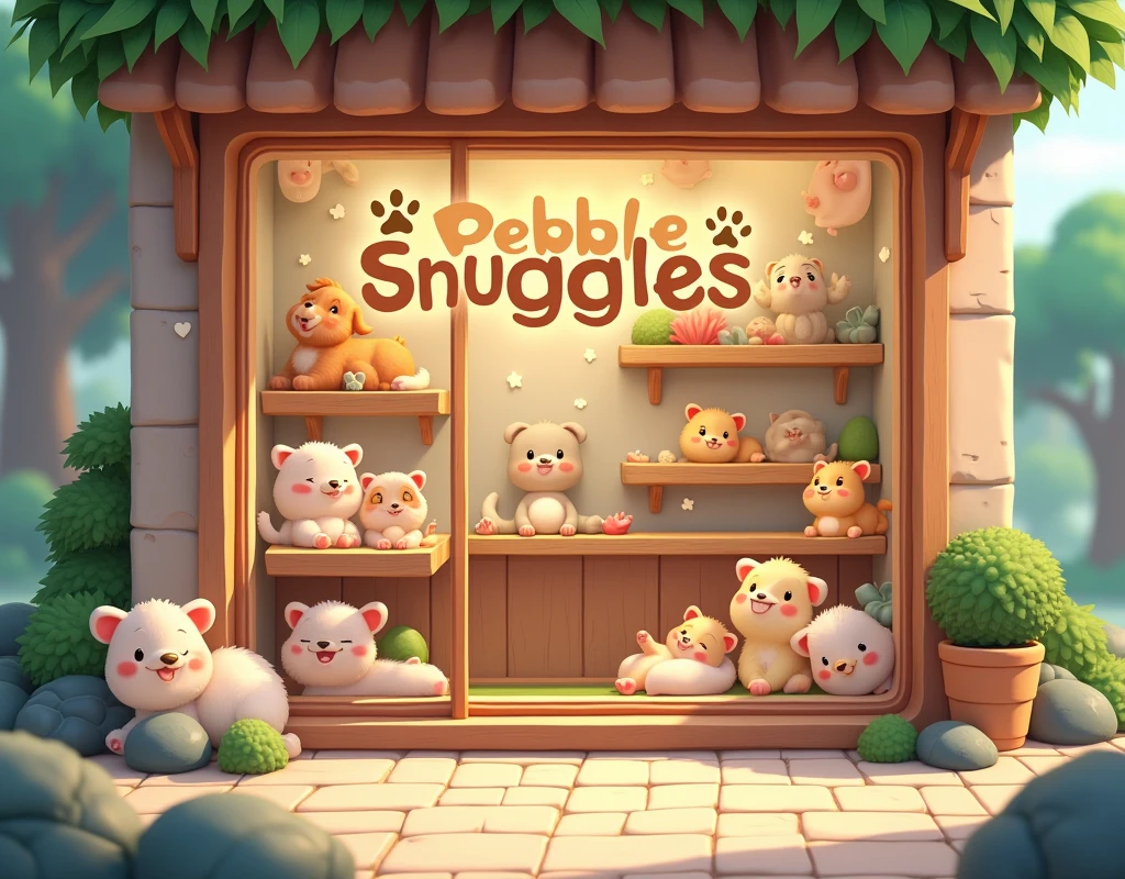 Generate a cute text,"PEBBLES & SNUGGLES", below it put another text of smaller size showing," YOUR PET-FRIENDLY STORE "
