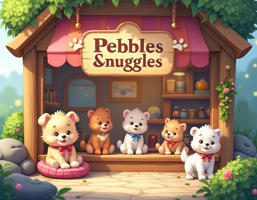 Generate a cute text,"PEBBLES & SNUGGLES", below it put another text of smaller size showing," YOUR PET-FRIENDLY STORE "