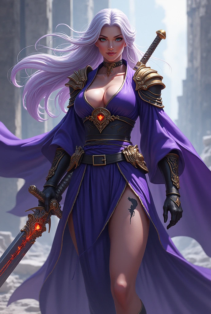 older women, muscular, huge bust, massive breasts, huge breasts, massive quads, huge quads, huge thighs, huge legs, large butt, long black leggings, purple skirt, kimono belt, purple cape, a open long baggy yellow haori with a flower pattern over a black kimono with a hood, black long sleeve, shoulder armor, smiling, large breasts, long necklace, long purple and white hair that's blowing in the wind, tall, holding a glowing yellow holding a sword with gems on it, black mark on thigh, sword on hi