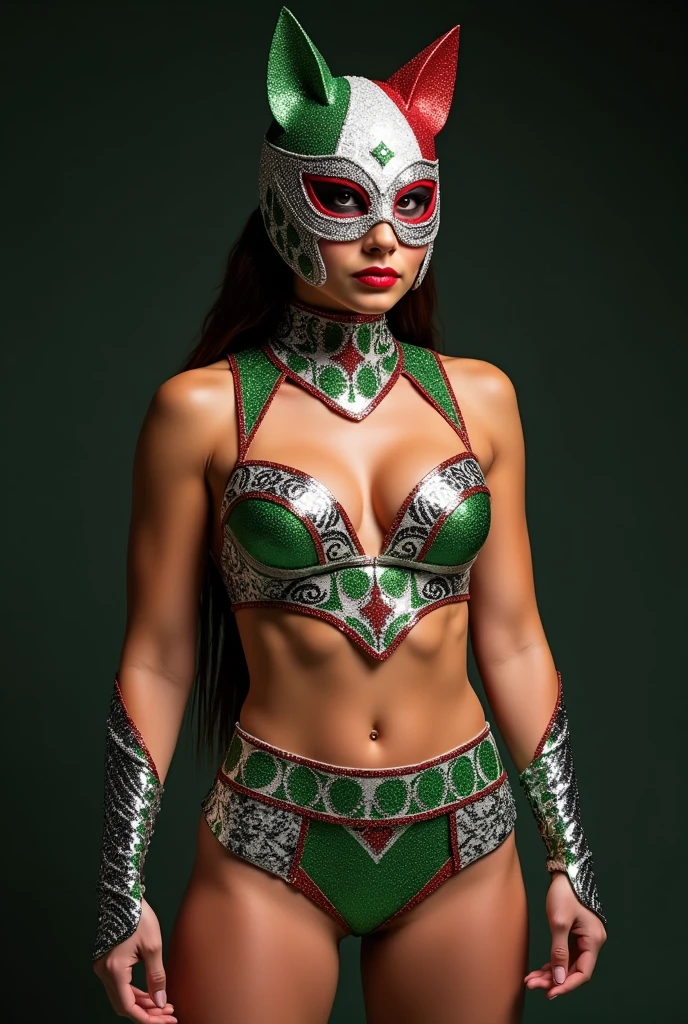 Create me a very original women's wrestling costume in sequins or glitter that is 2 pieces and has a design with Mexican shapes and the color of its flag and a mask with the colors of the Mexican wrestling flag that is also very creative with cat ears.
