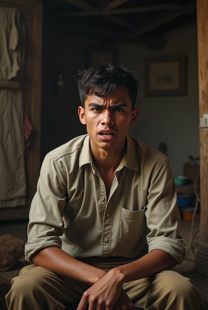 A boy aged 20 sitting very anger in village home